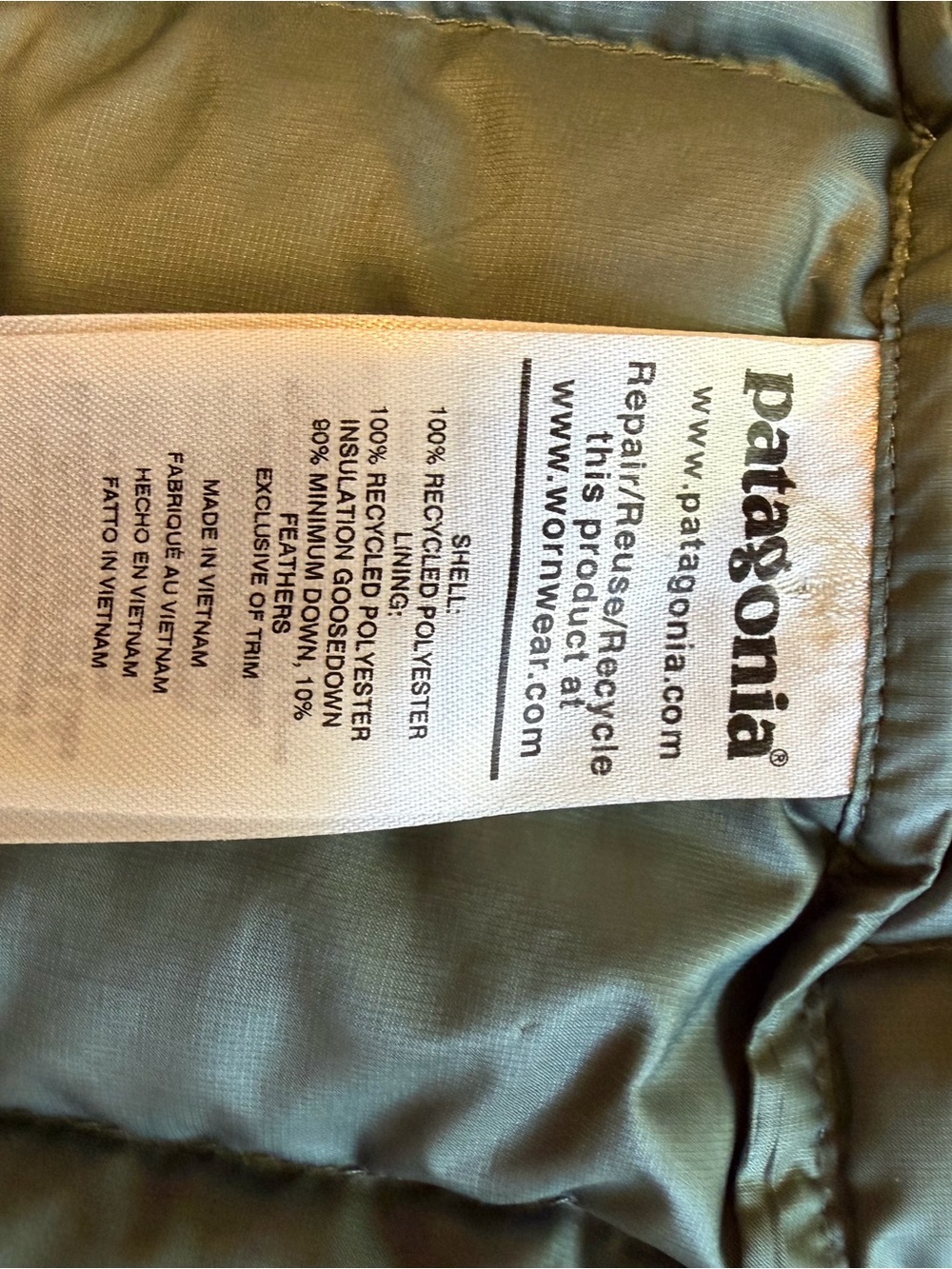 Patagonia Quilted Vest in Sage Green with Neon Yellow Trim - Picture 6 of 7